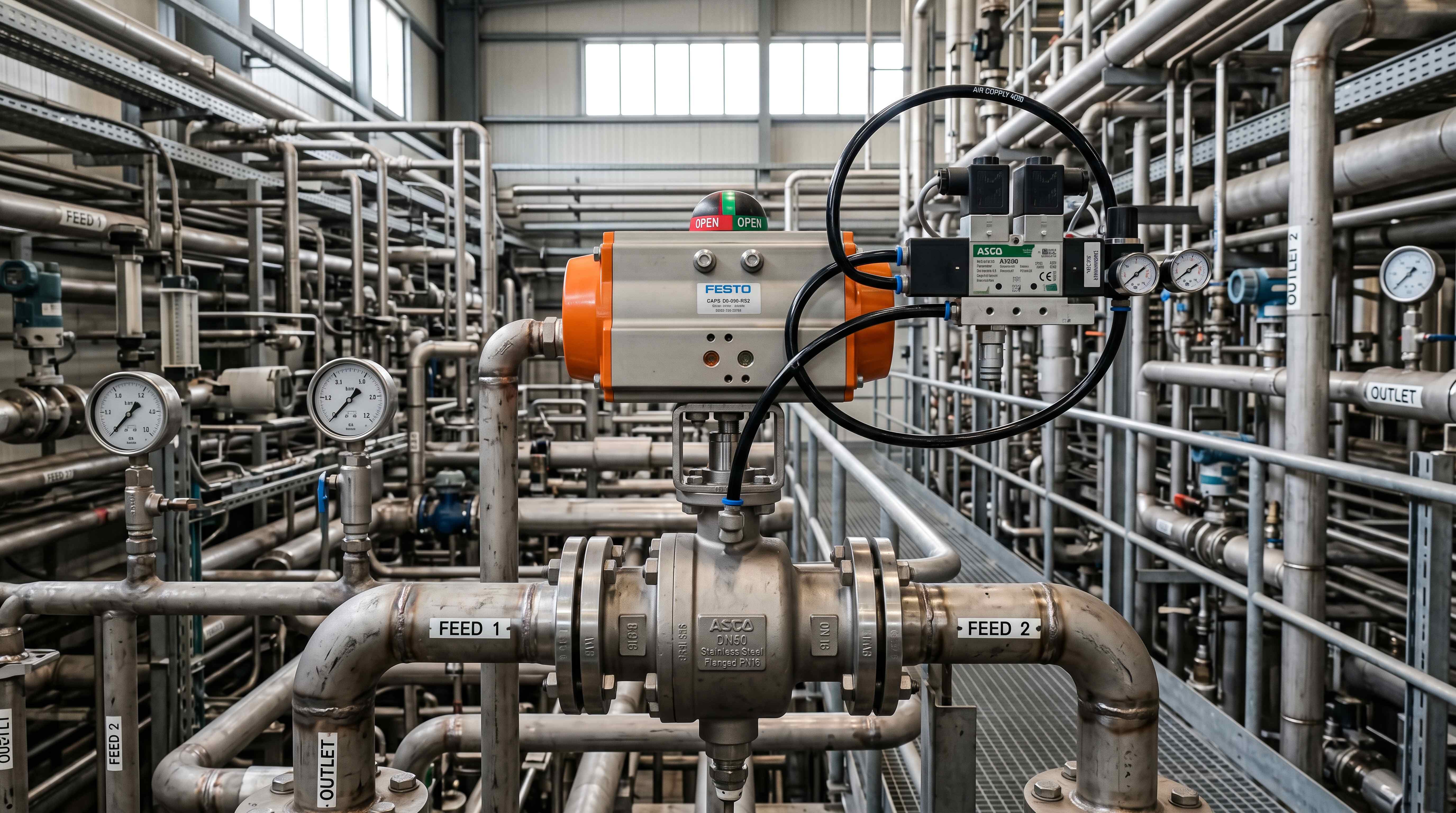 Pneumatic 3 way ball valve installed in an industrial process piping system for automated flow routing